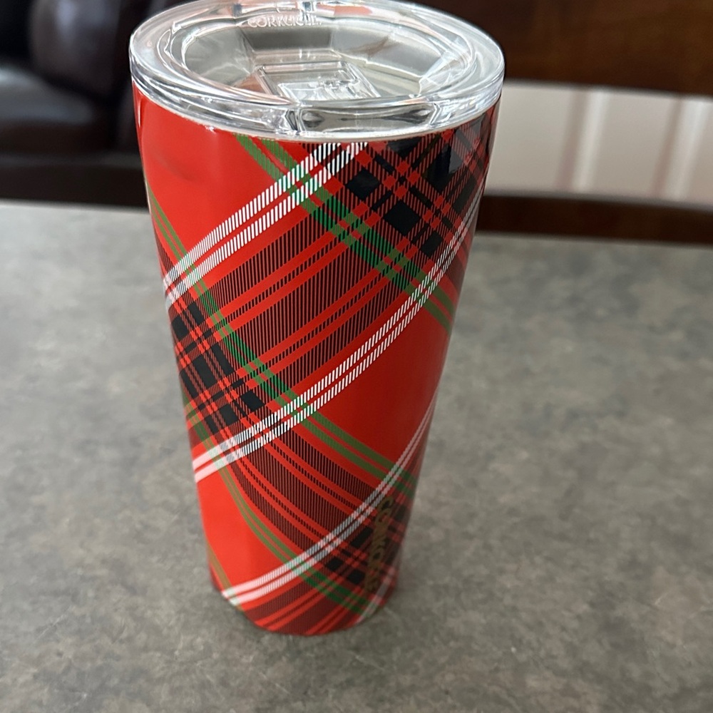 Corkcicle Red Plaid Tumbler with Lid